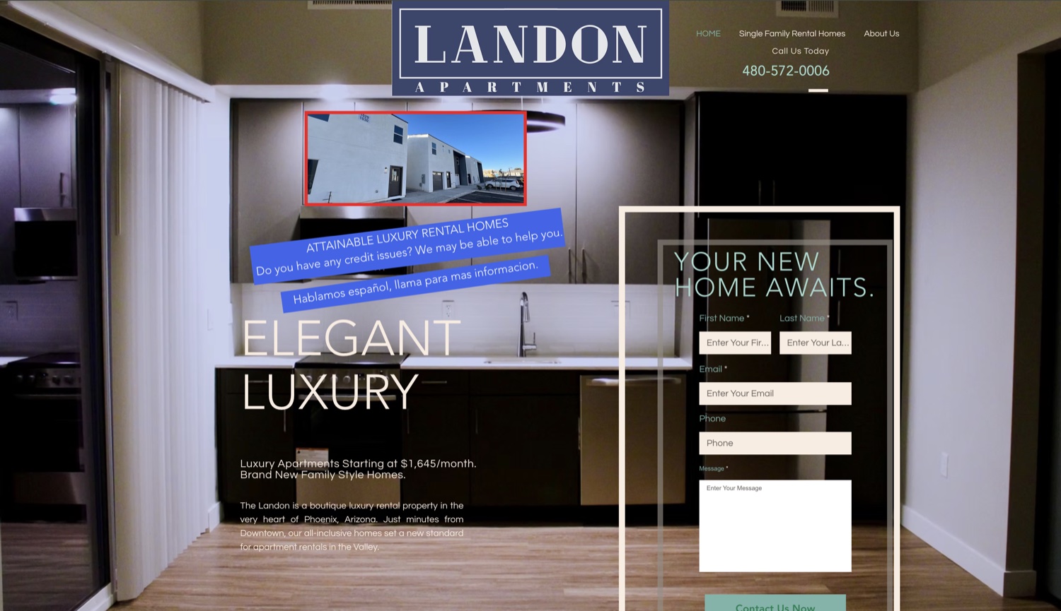 Original Landon Apartments website — before rebuild