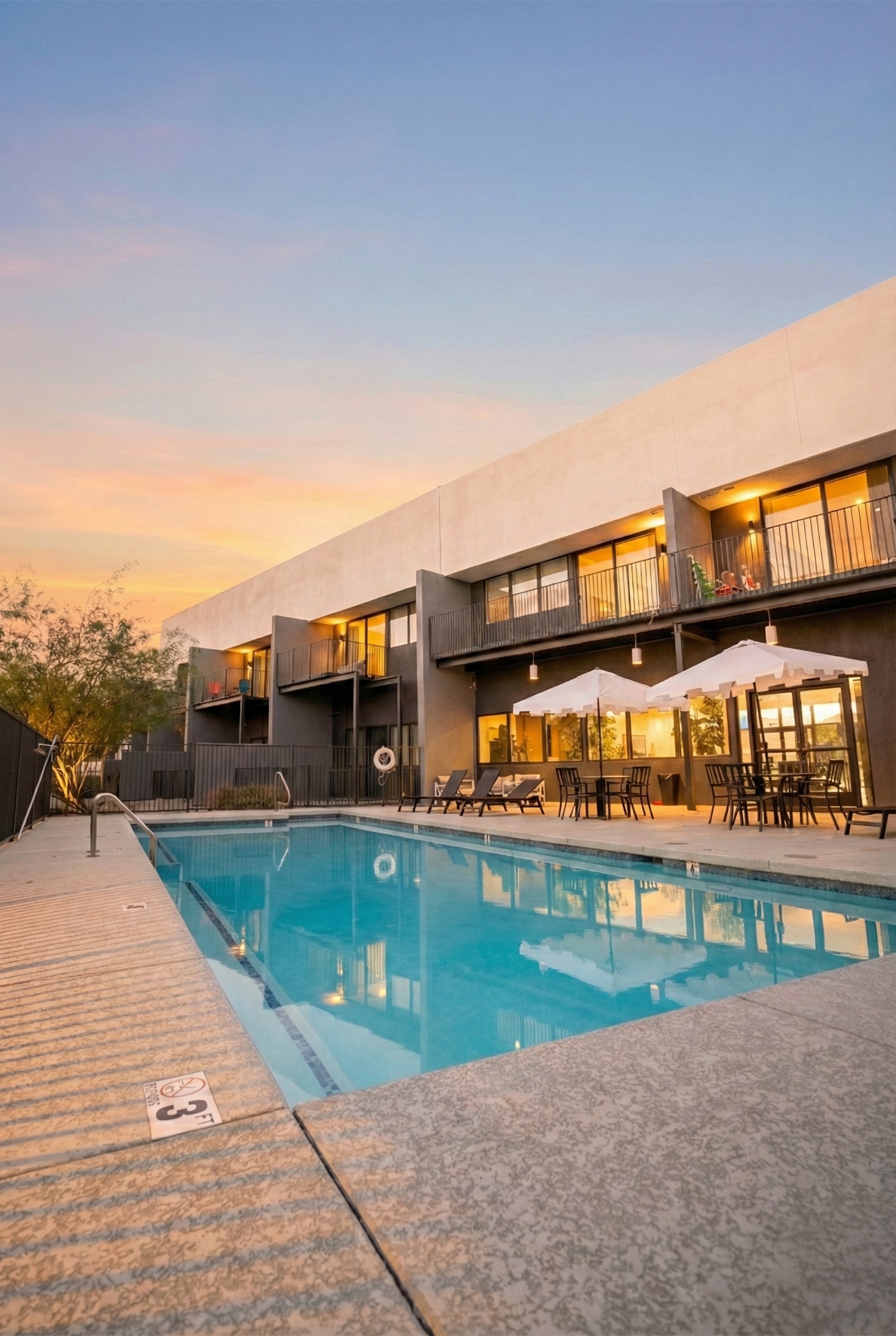 The Landon — pool and courtyard at sunset