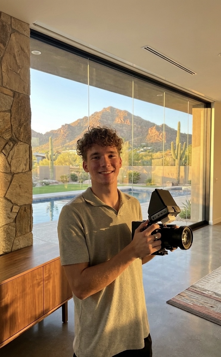 Noah Voda holding a camera in front of Camelback Mountain
